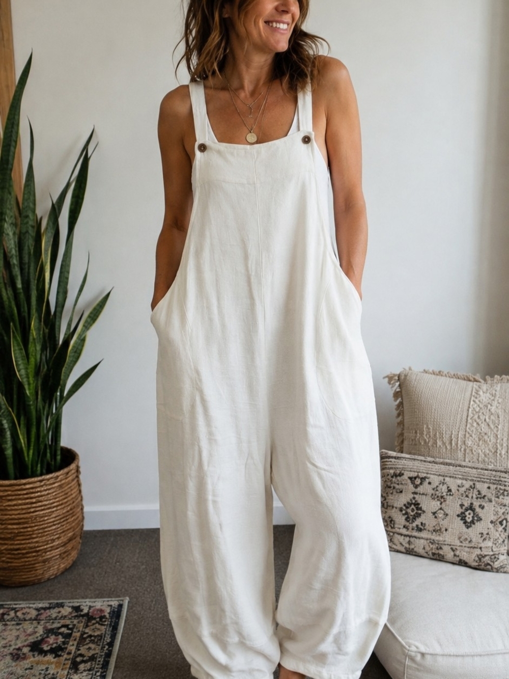 Kleen, Linen Relaxed Cream Wide-Leg Linen Jumpsuit with Adjustable Straps